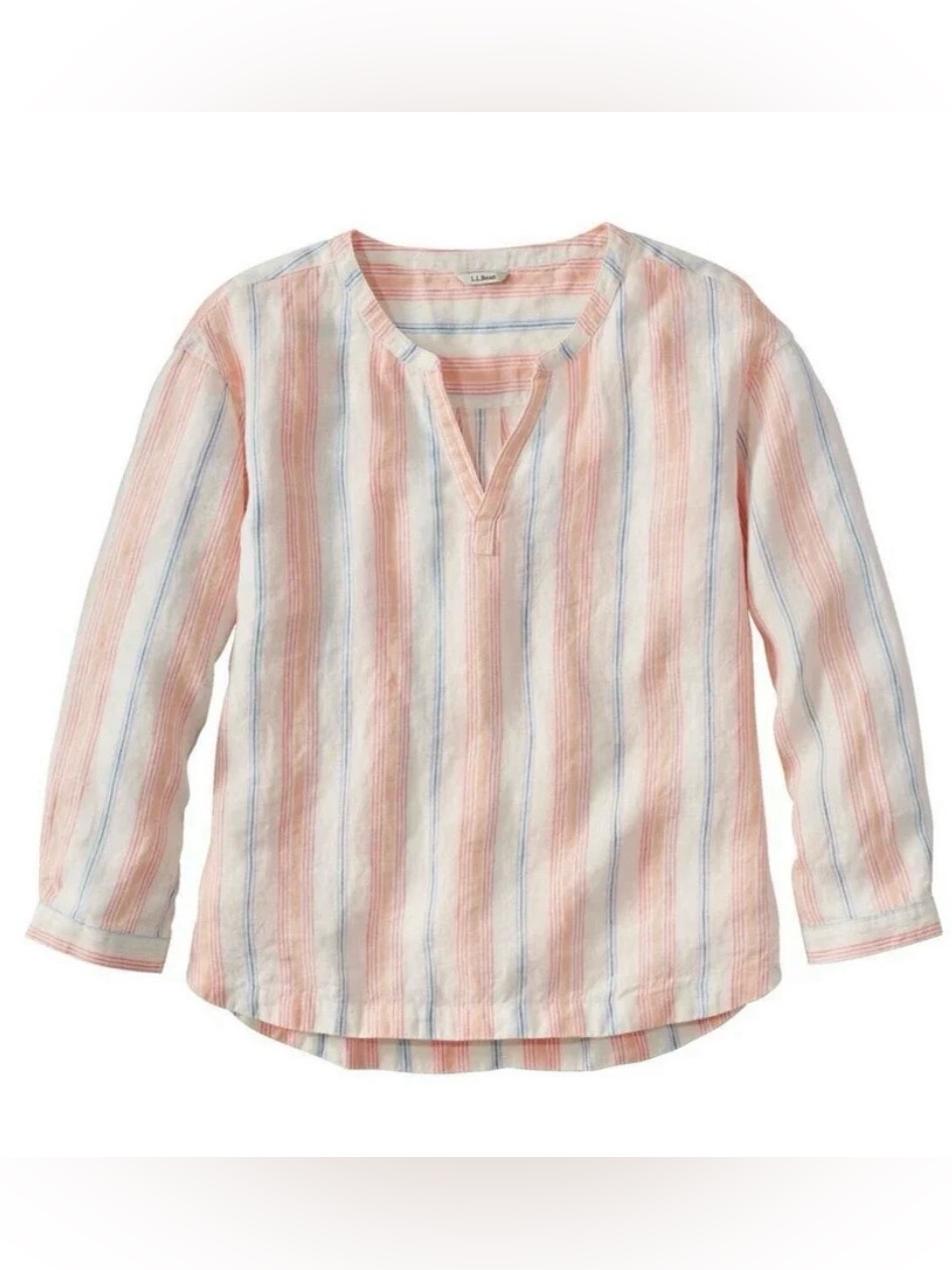 Linen L.L. Bean Peach And Blue Striped V-Neck Tunic